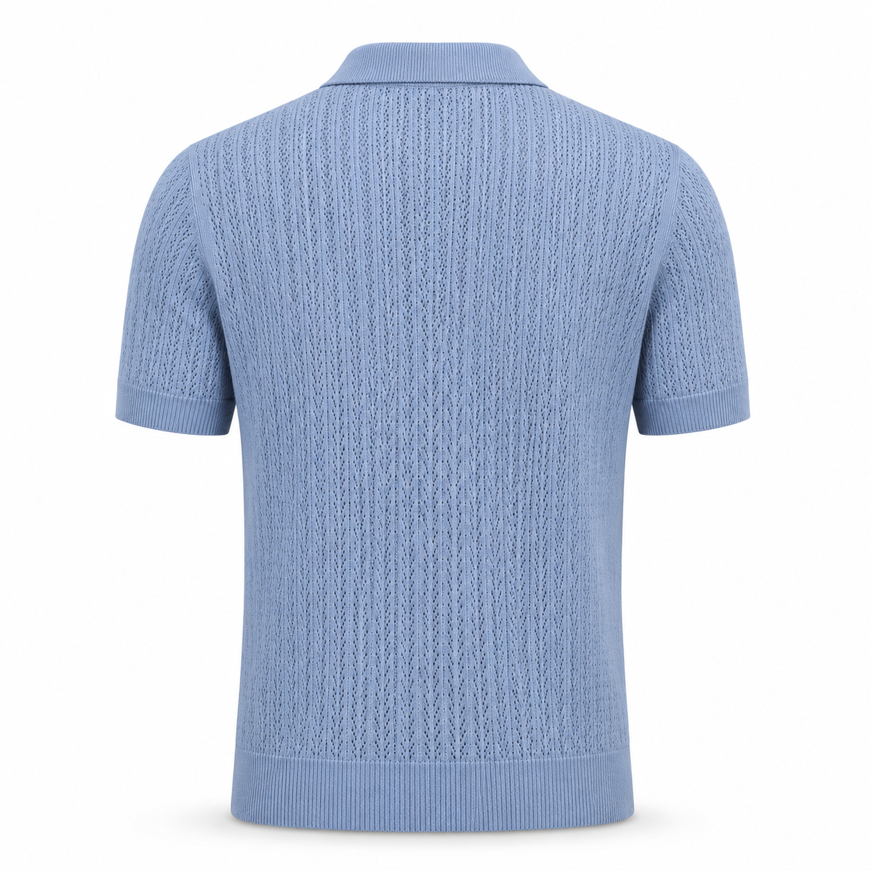 Loro Piana Cashmere Silk Linen Polo Shirt in a soft powder blue, featuring a lightweight openwork knit texture, short sleeves, ribbed cuffs, and a classic collar for sophisticated leisurewear.
