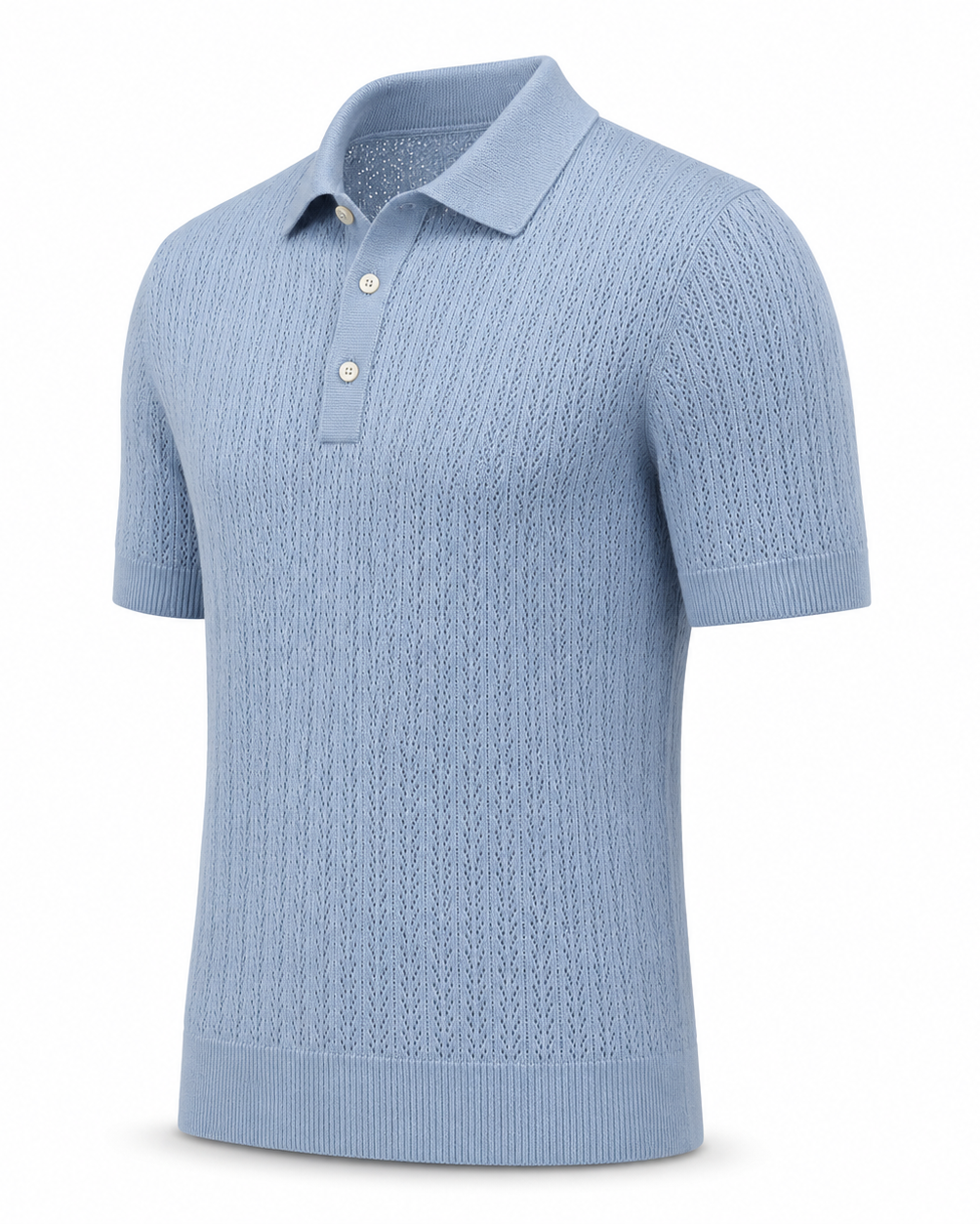 Loro Piana Cashmere Silk Linen Polo Shirt in a soft powder blue featuring an intricate openwork knit pattern, short sleeves, a classic collar, and a three-button placket for refined summer leisurewear.