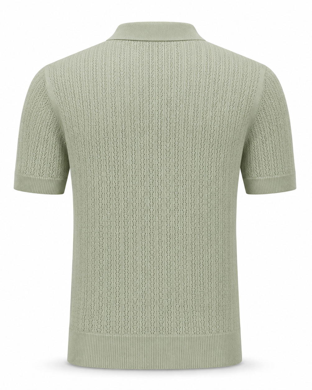 Loro Piana Cashmere Silk Linen Polo Shirt in a soft sage green with an intricate openwork knit pattern, short sleeves, a classic collar, and finely ribbed hem and cuffs for elegant summer leisurewear.