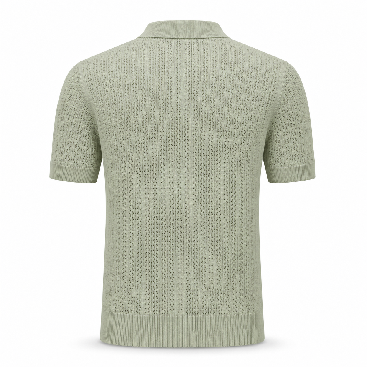 Loro Piana Cashmere Silk Linen Polo Shirt in a soft sage green with an intricate openwork knit pattern, short sleeves, a classic collar, and finely ribbed hem and cuffs for elegant summer leisurewear.