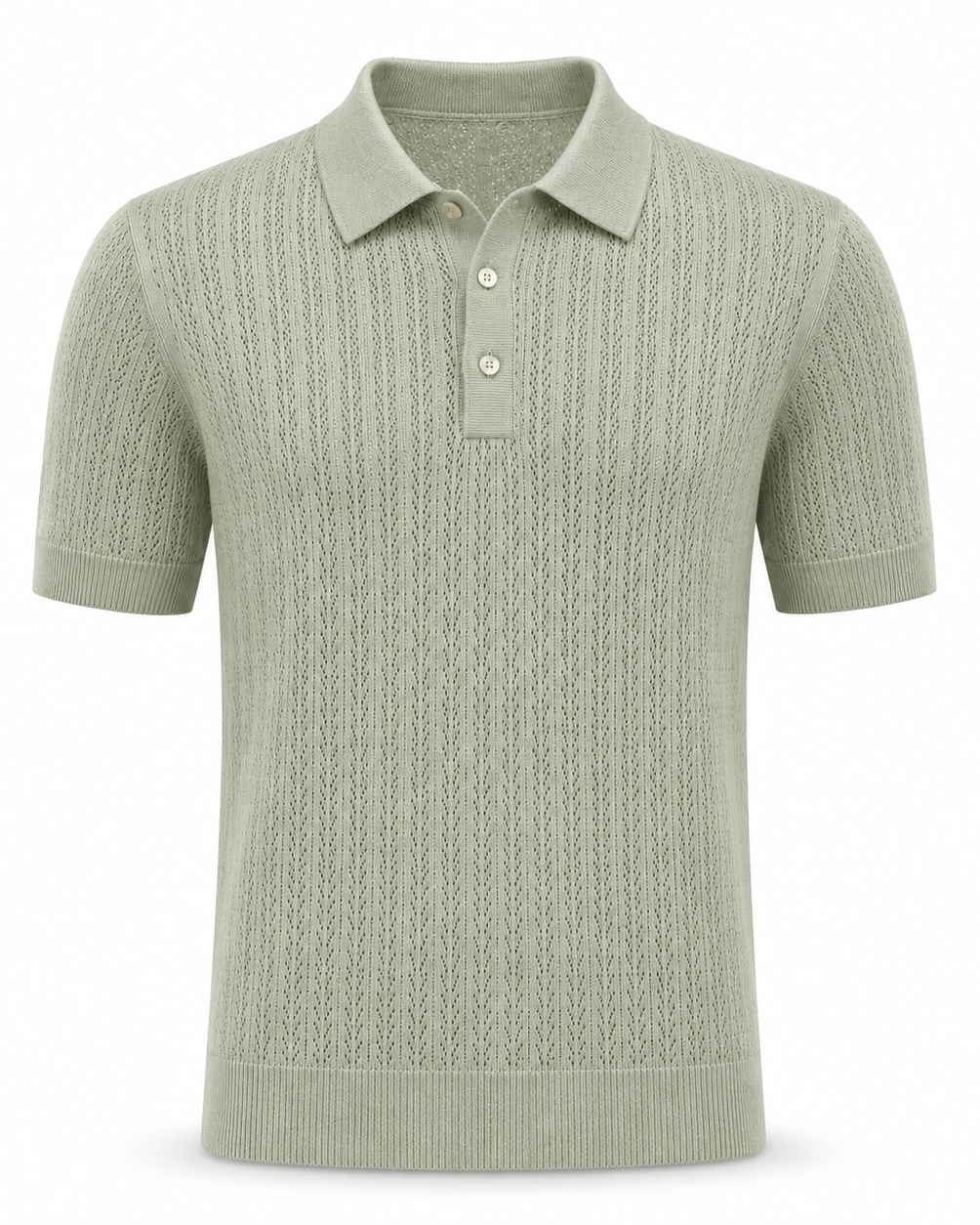 Loro Piana Cashmere Silk Linen Polo Shirt in a muted sage tone, featuring a lightweight openwork knit pattern, short sleeves, and a classic three-button placket for sophisticated summer leisurewear.