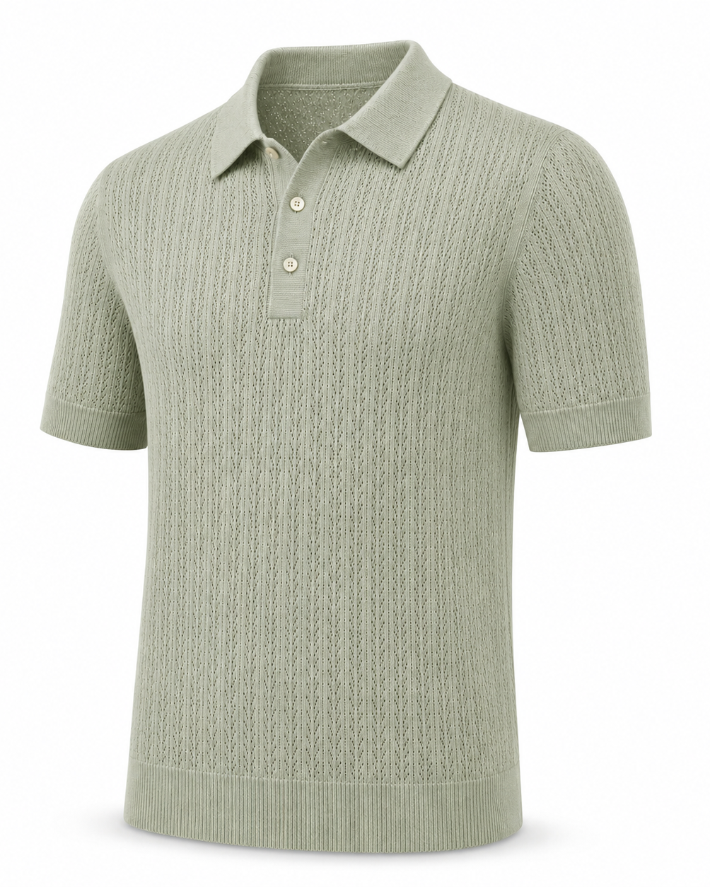 Loro Piana Cashmere Silk Linen Polo Shirt in a soft sage green, crafted with an intricate openwork knit pattern, featuring short sleeves, a classic collar, and a three-button placket for luxurious summer leisurewear.