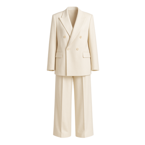 Ivory Boxy-Cut Wedding Suit featuring a double-breasted blazer with wide lapels and flap pockets, paired with wide-leg trousers in a smooth ivory fabric for an elegant androgynous bridal look.
