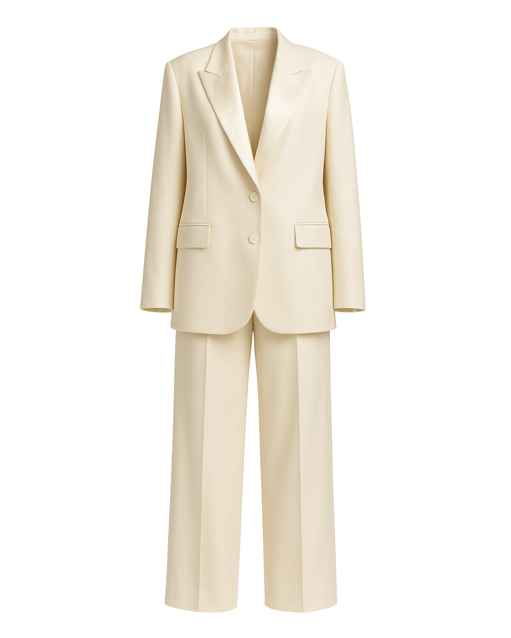 SAMPLE SALE | Women's Cream Oversized Wedding Satin Suit in a soft cream hue, featuring a relaxed oversized blazer with notch lapels, two-button closure, flap pockets, and wide-leg trousers for a modern bridal pantsuit.