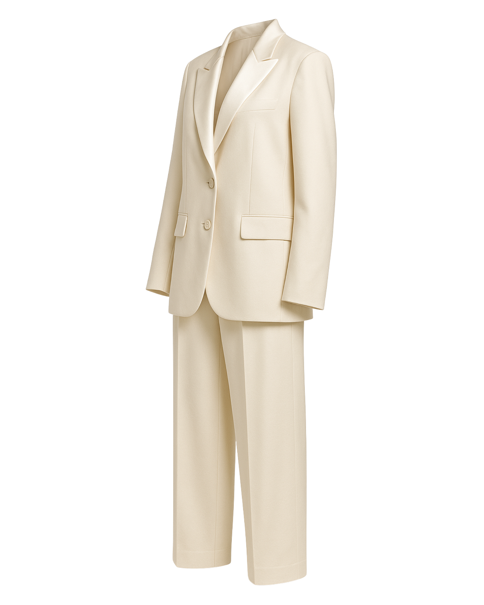 SAMPLE SALE | Women's Cream Oversized Wedding Satin Suit in a soft cream tone, featuring a relaxed oversized blazer with notch lapels, two-button closure, flap pockets, and wide-leg satin trousers for a contemporary bridal look.