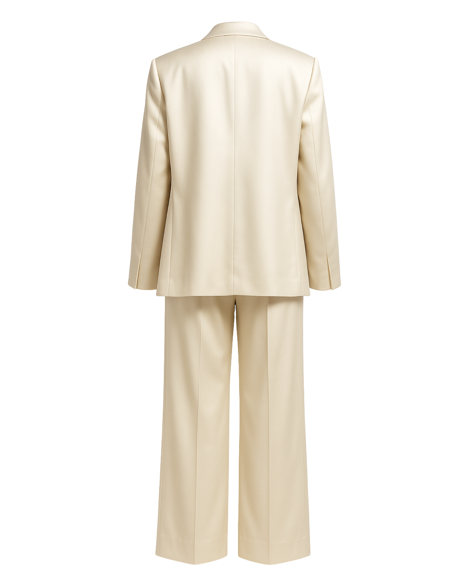 SAMPLE SALE | Women's Cream Oversized Wedding Satin Suit shown from the back, featuring a soft cream satin fabric with a relaxed oversized blazer and wide-leg trousers for a modern bridal pantsuit.