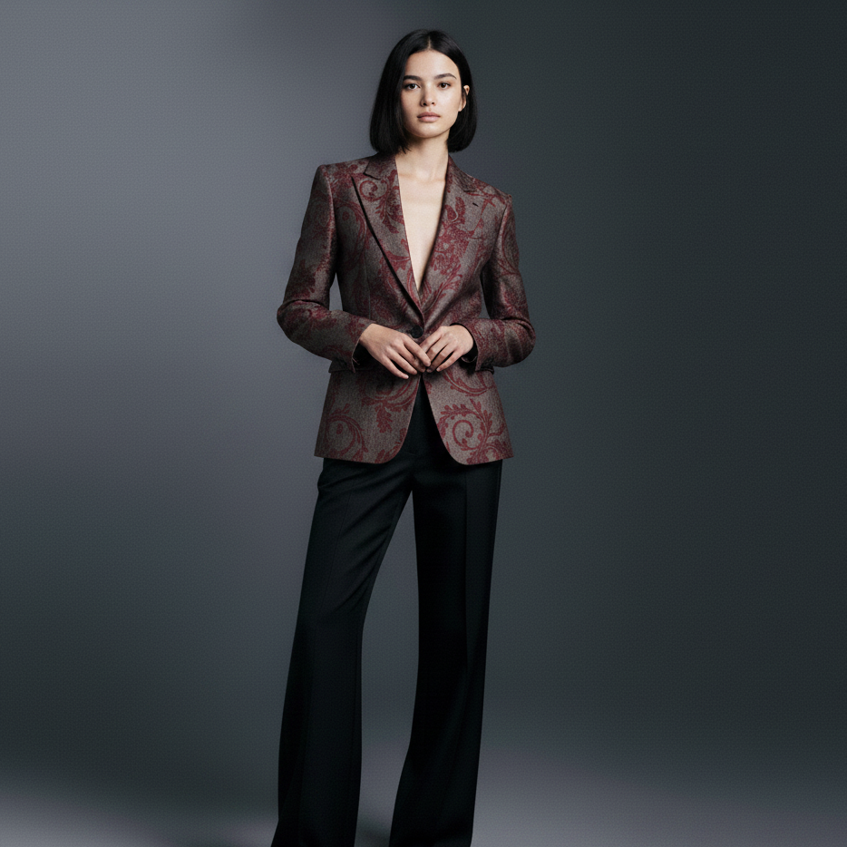 Woman wearing a patterned blazer and black pants on a gray background