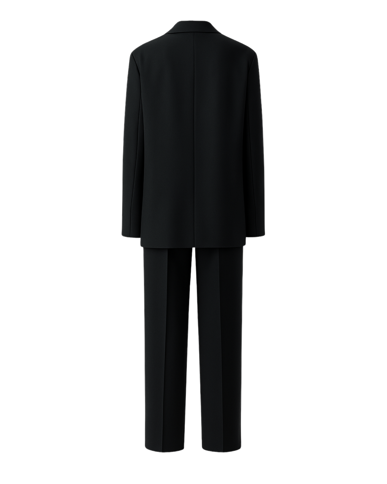 PRE-LOVED | Women's Black Oversized Wedding Suit displayed from the back, featuring a relaxed blazer with clean lines and straight-leg tailored trousers crafted in luxury fabric for modern androgynous suiting.