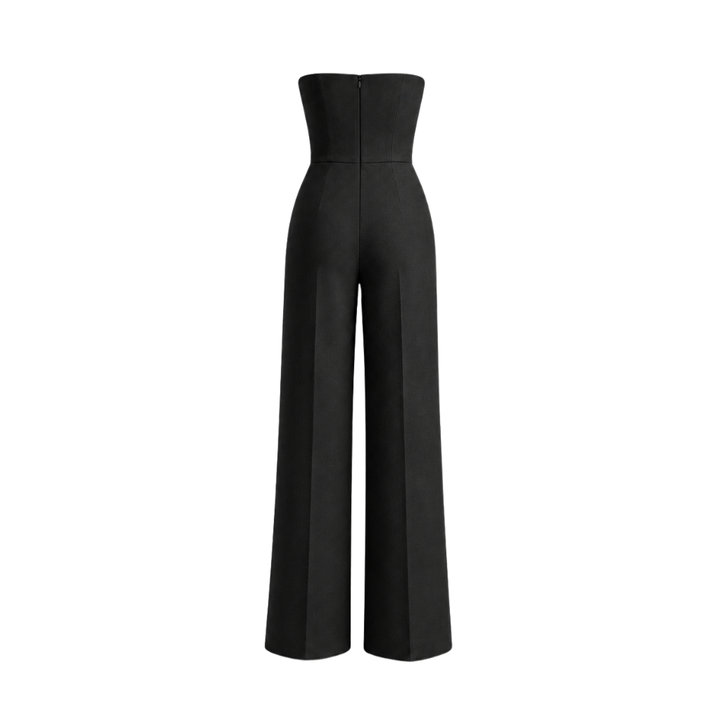 Women's black Loro Piana wool city hall wedding jumpsuit back view