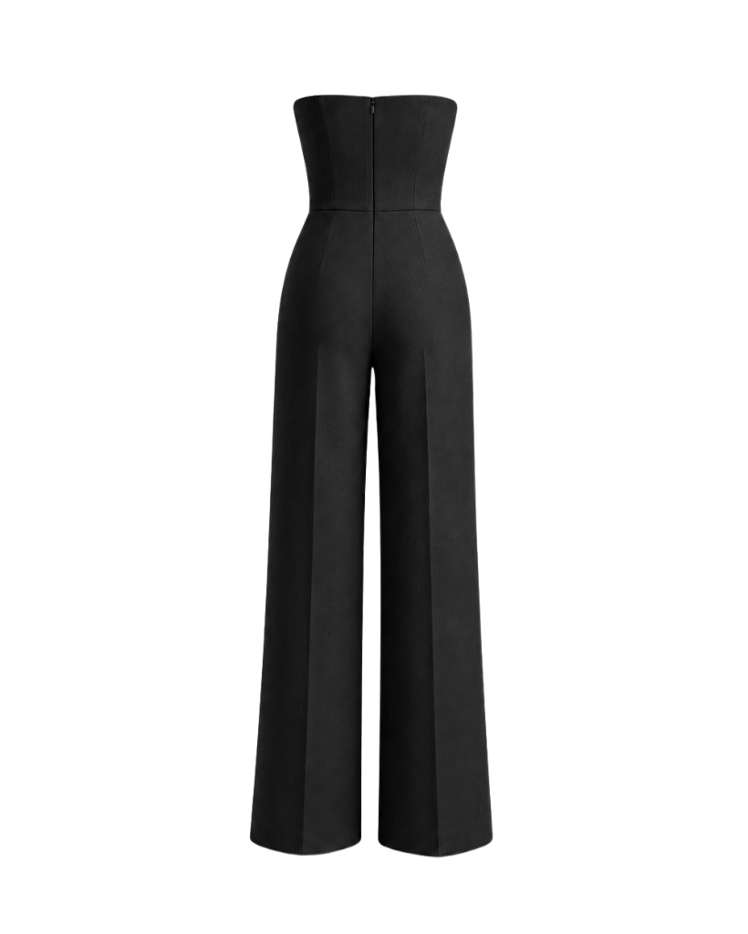 Women's black Loro Piana wool city hall wedding jumpsuit back view