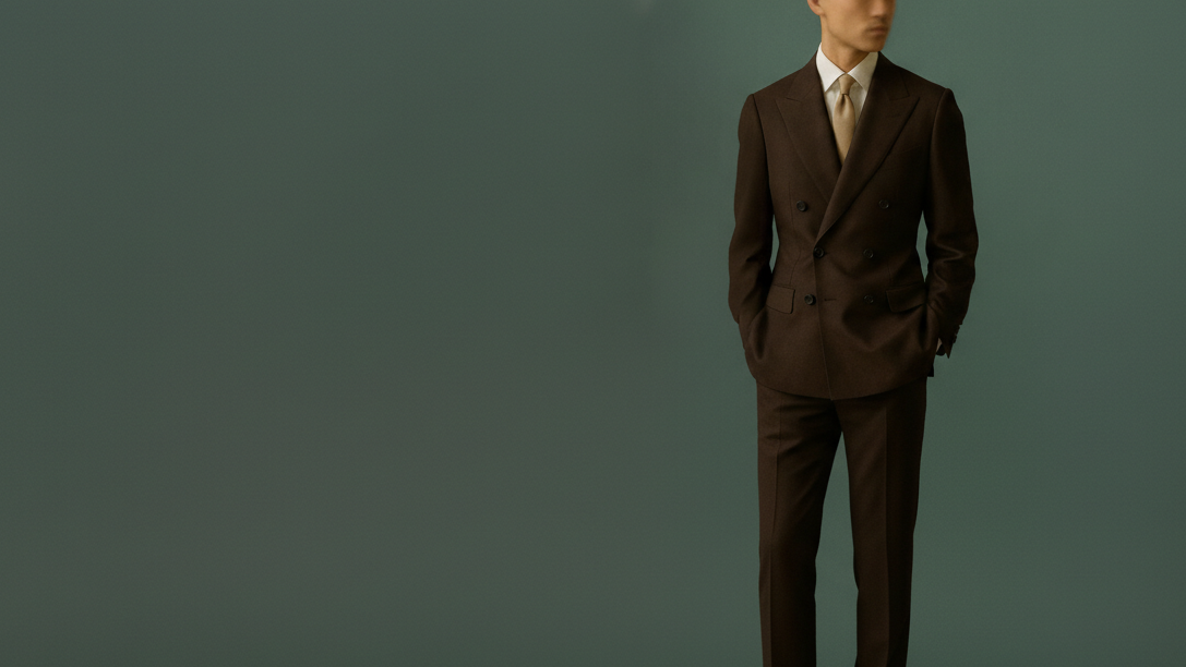 Man wearing a brown suit against a green background