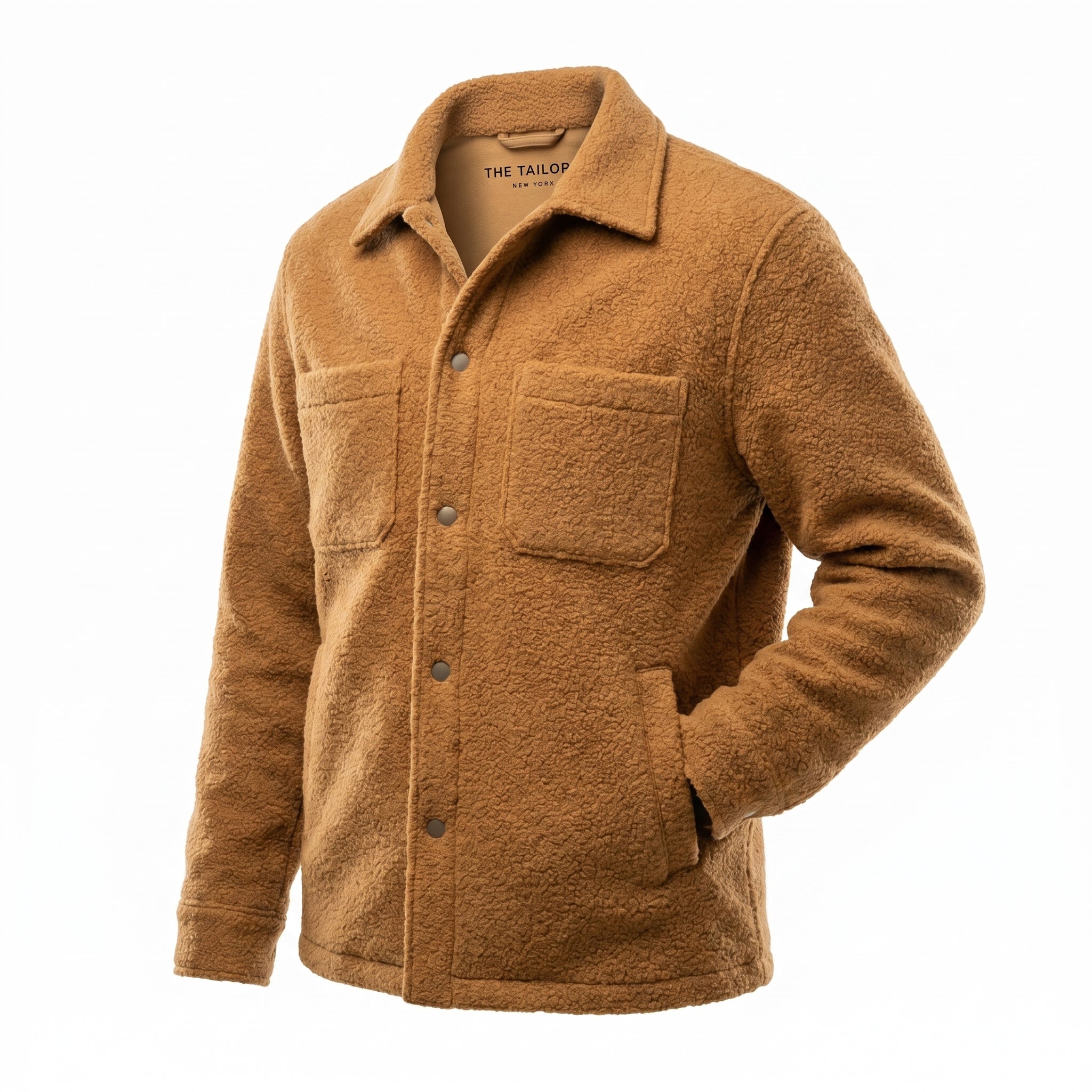 Amber Tan Italian Bouclé Fleece Snap-Front Overjacket — three-quarter left view — The Tailory NYC, Director's Cut