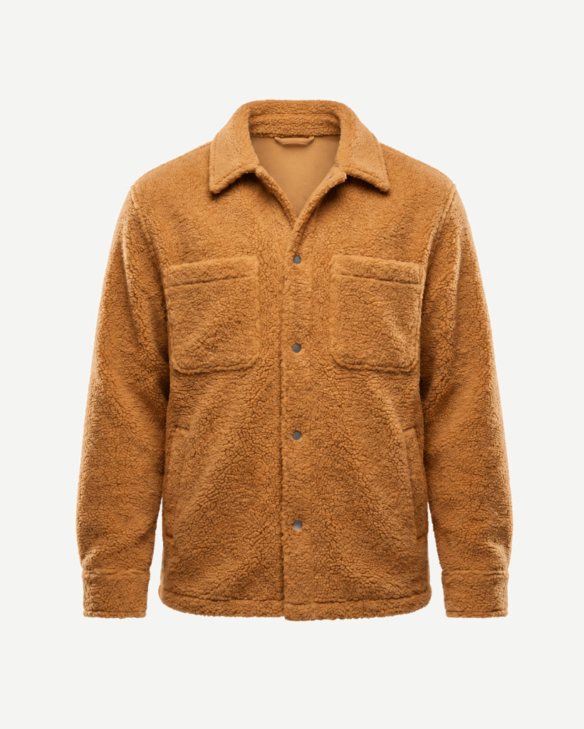 Front view of the Amber Tan Italian Bouclé Fleece Snap-Front Overjacket with textured fleece, snap-front closure, chest patch pockets, side pockets, and relaxed silhouette.