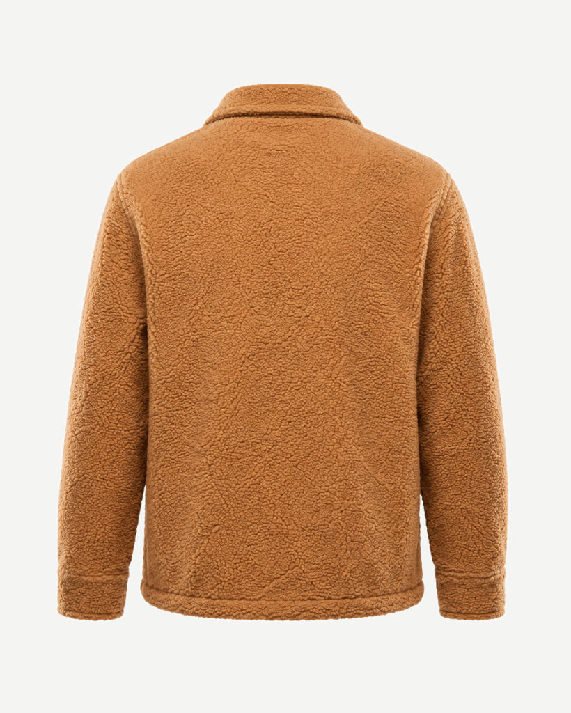 Back view of the Amber Tan Italian Bouclé Fleece Snap-Front Overjacket showing the textured bouclé fleece, classic collar, straight hem, and relaxed outerwear shape.