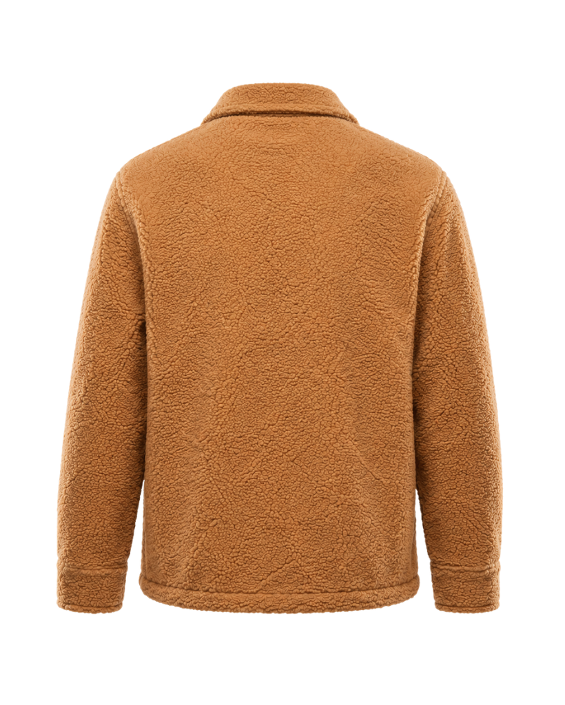 Back view of the Amber Tan Italian Bouclé Fleece Snap-Front Overjacket showing the textured bouclé fleece, classic collar, straight hem, and relaxed outerwear shape.
