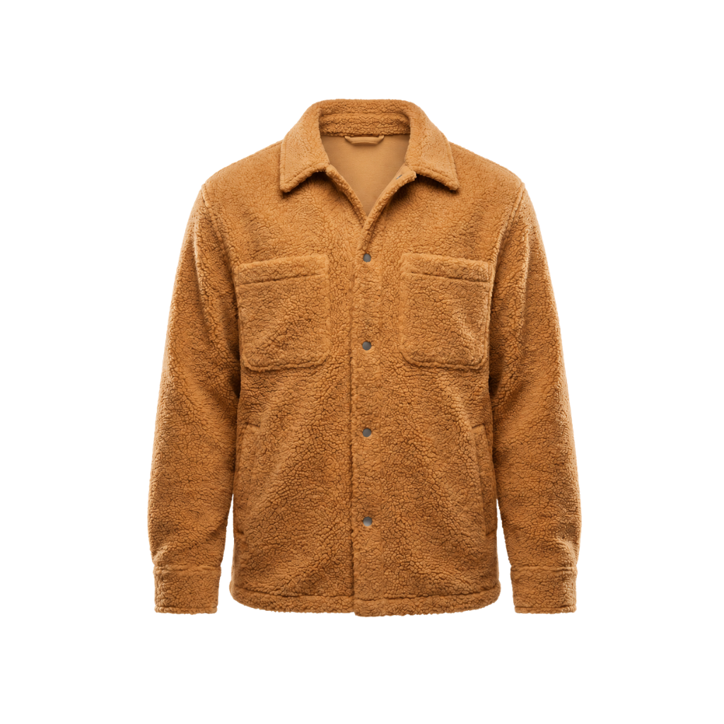 Front view of the Amber Tan Italian Bouclé Fleece Snap-Front Overjacket with textured fleece, snap-front closure, chest patch pockets, side pockets, and relaxed silhouette.