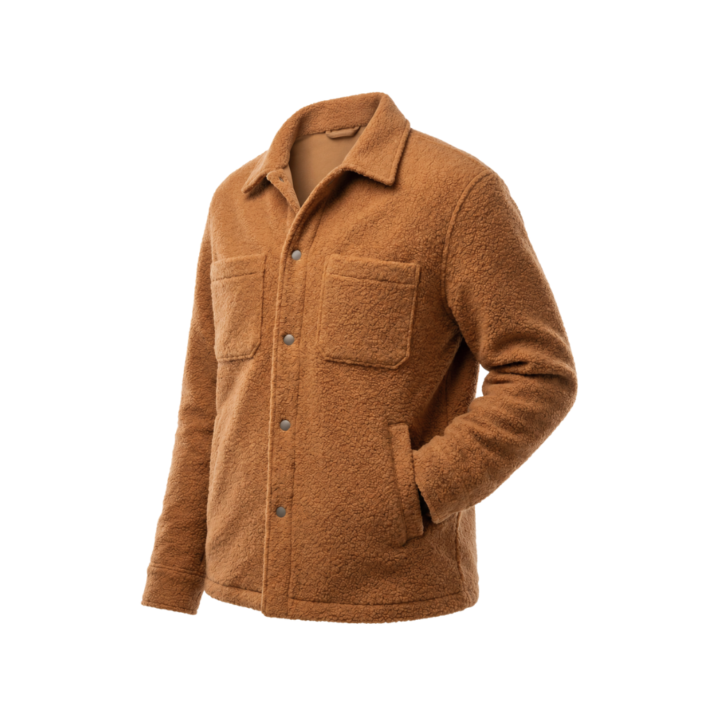 Angled side view of the Amber Tan Italian Bouclé Fleece Snap-Front Overjacket showing the textured bouclé fleece, snap buttons, chest pocket, side pocket, and relaxed fit.