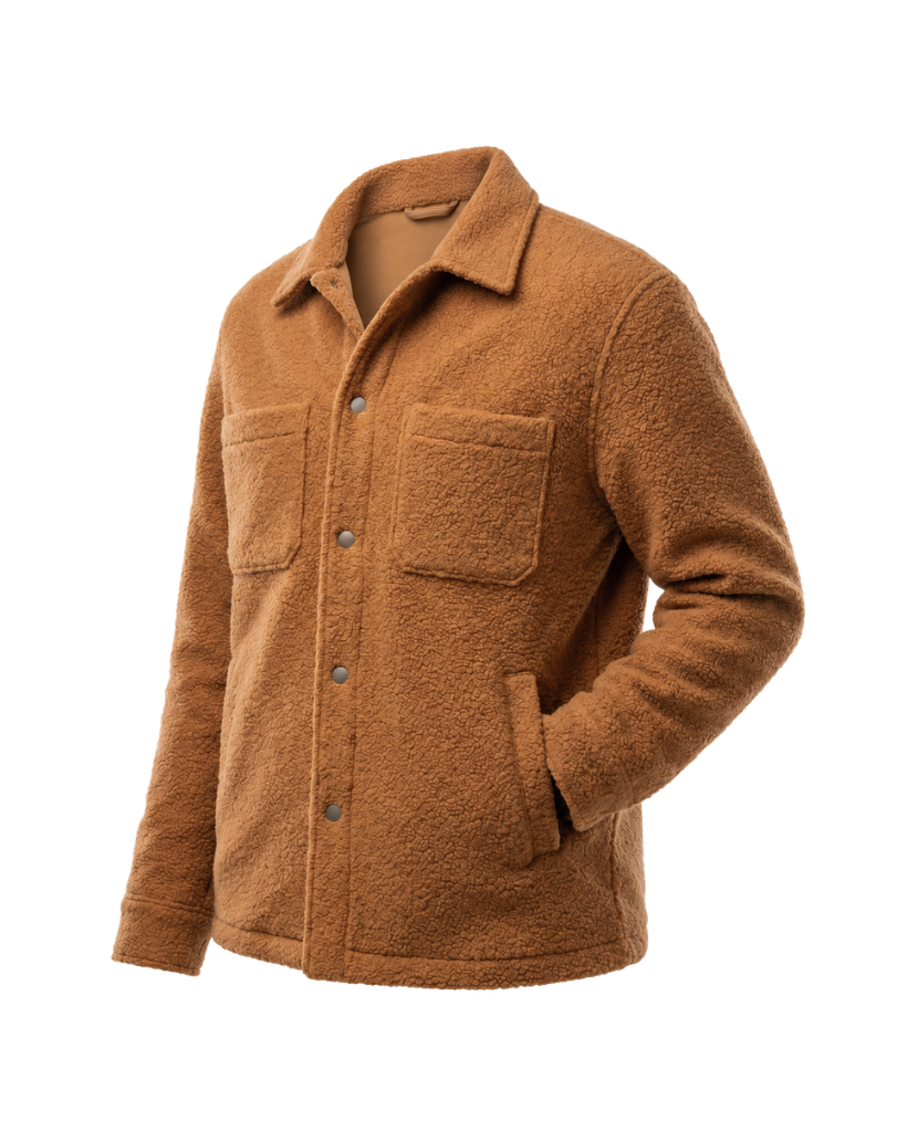 Angled side view of the Amber Tan Italian Bouclé Fleece Snap-Front Overjacket showing the textured bouclé fleece, snap buttons, chest pocket, side pocket, and relaxed fit.