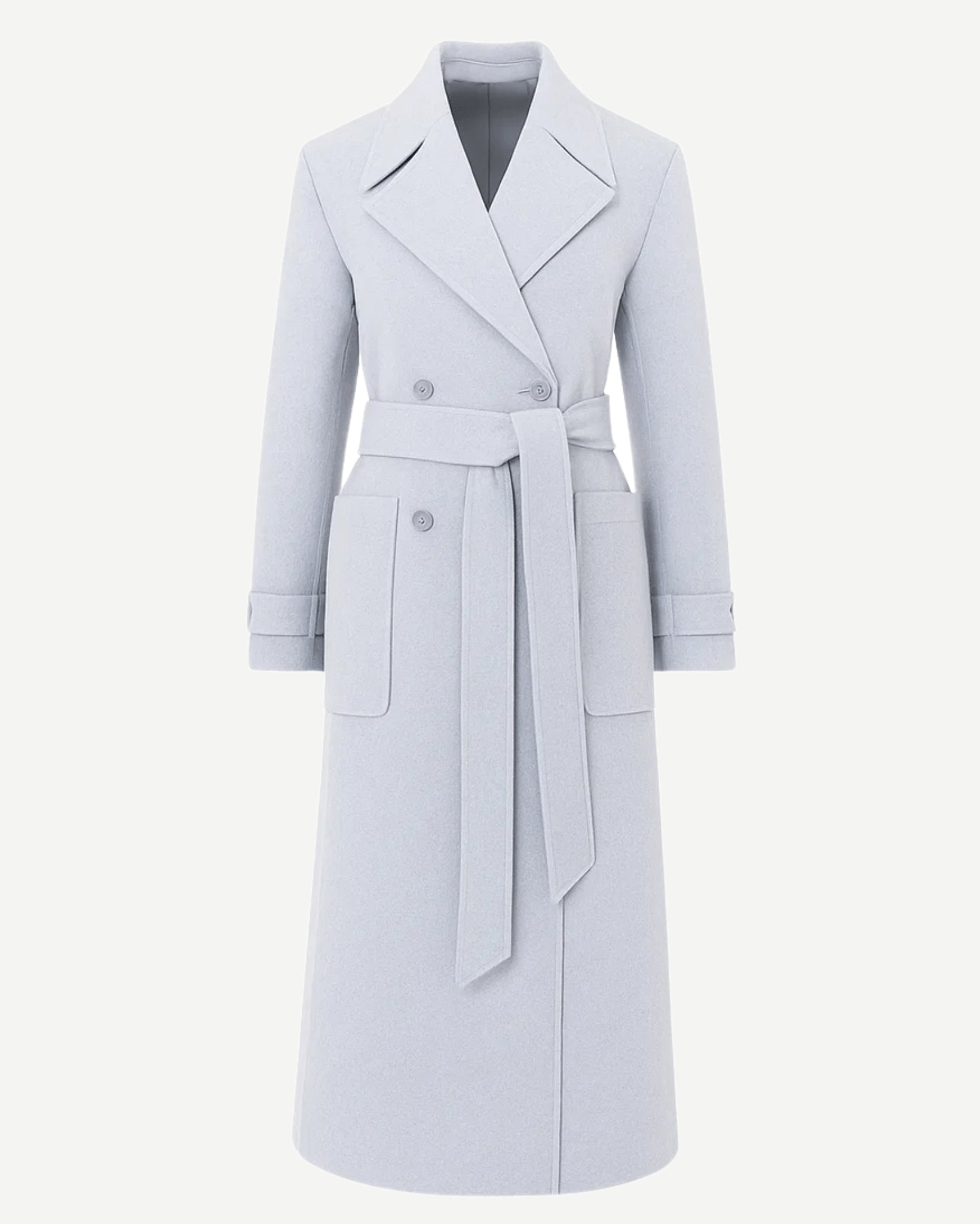Tailory ash grey double-breasted wrap coat front view