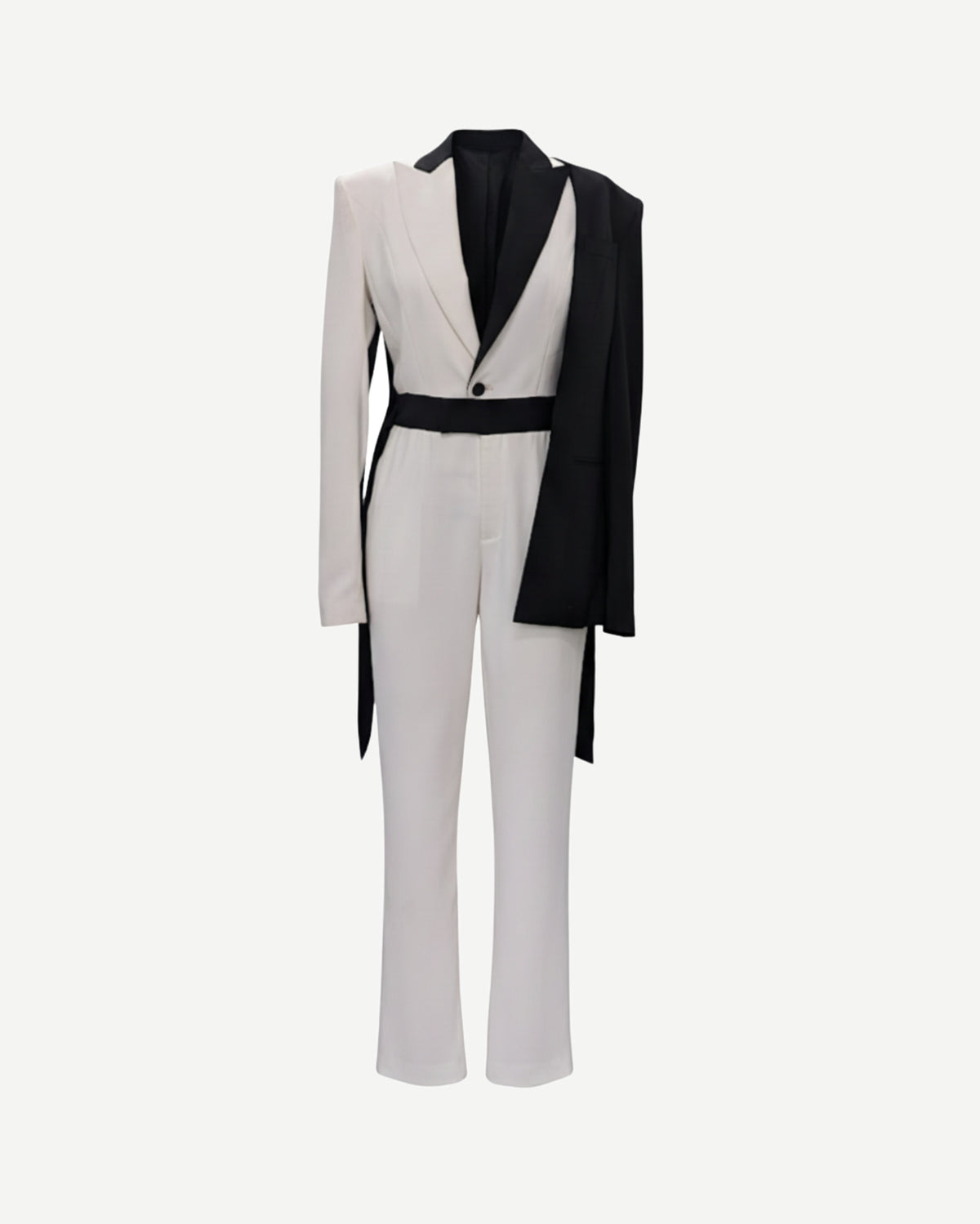 Tailory black and white asymmetric colorblock belted jumpsuit front view