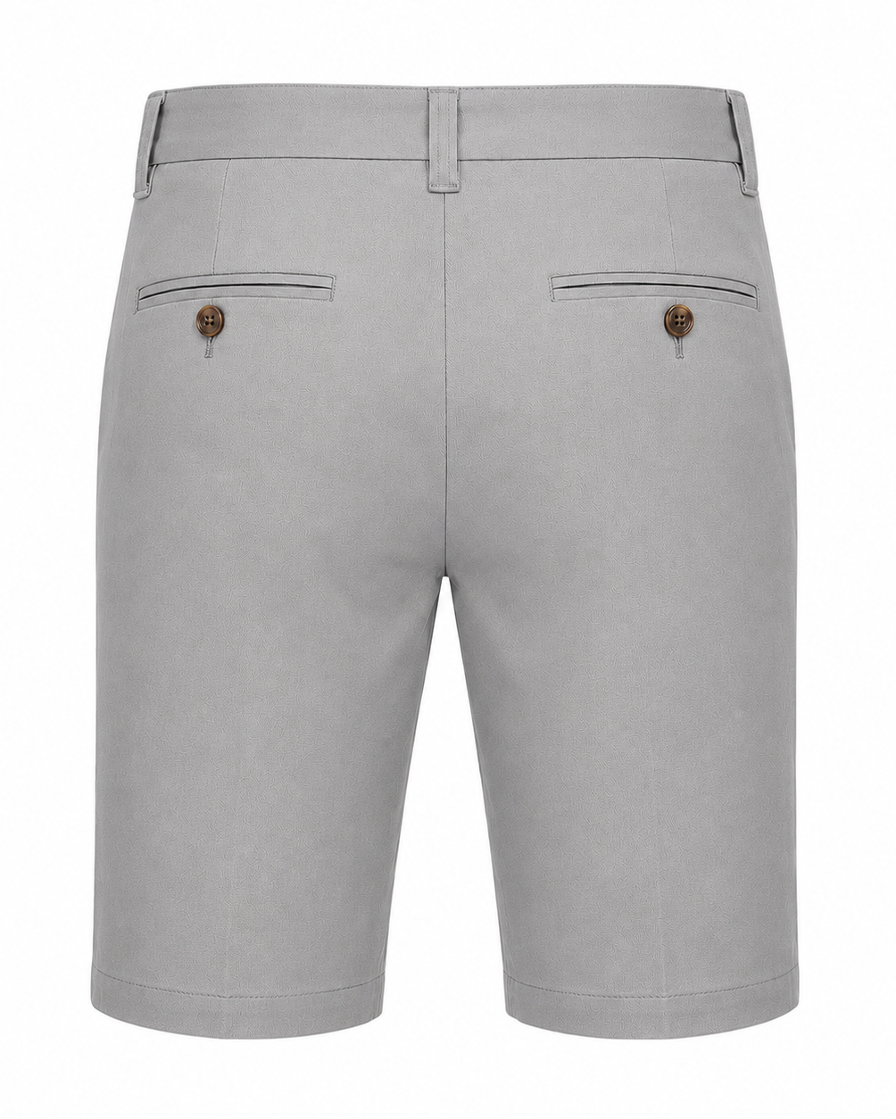 Men’s Loro Piana Tailored Bermuda Shorts in a sleek silver-gray, featuring buttoned welt back pockets, belt loops, and a smooth tailored finish for sophisticated summer leisurewear.