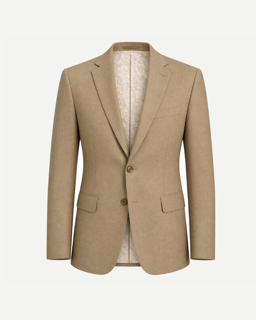 Beige Wool Summer Wedding Blazer displayed front-facing in a finely woven light beige wool fabric, featuring a tailored two-button closure, notch lapels, and flap pockets for refined summer occasion wear.