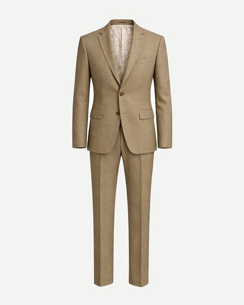 Beige Wool Summer Wedding Suit in a lightweight wool fabric, featuring a tailored fit with notch lapels, two-button closure, flap pockets, and flat-front trousers for elegant summer suiting.