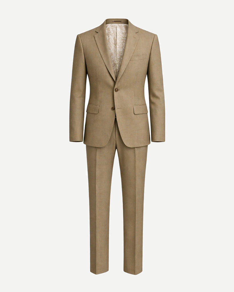 Beige Wool Summer Wedding Suit in a lightweight wool fabric, featuring a tailored fit with notch lapels, two-button closure, flap pockets, and flat-front trousers for elegant summer suiting.
