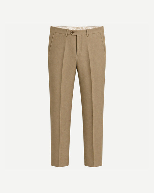 Beige Wool Summer Wedding Trousers crafted in lightweight wool fabric, featuring a tailored straight-leg cut with front pleats, belt loops, and slanted side pockets for refined summer formalwear.