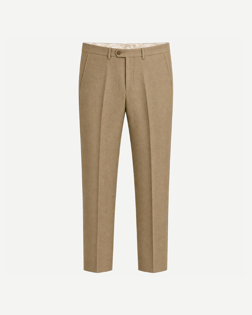 Beige Wool Summer Wedding Trousers crafted in lightweight wool fabric, featuring a tailored straight-leg cut with front pleats, belt loops, and slanted side pockets for refined summer formalwear.