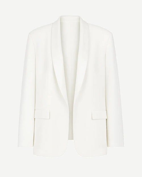Tailory white oversized women’s blazer with satin lapels front view