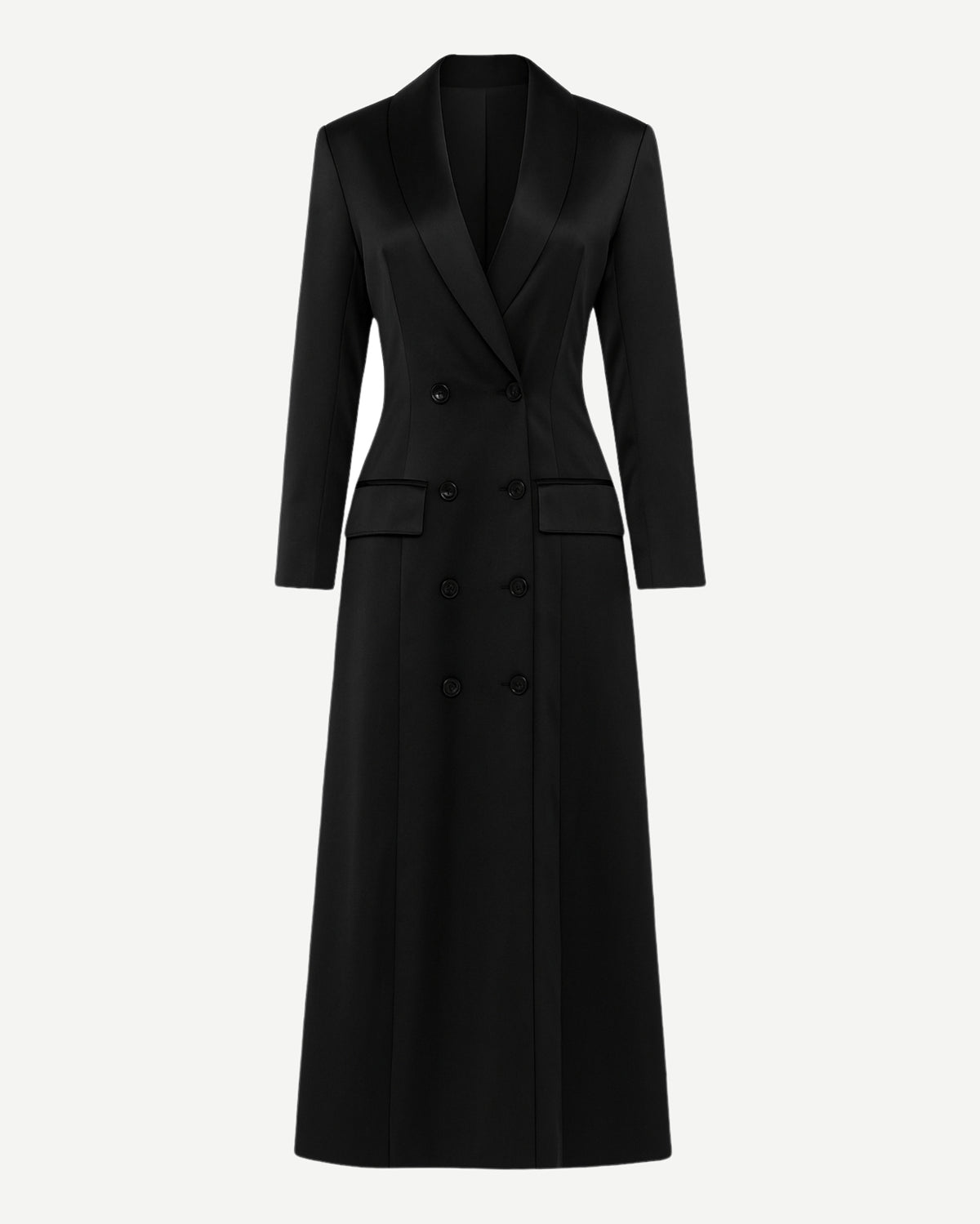 Tailory black satin double-breasted blazer dress front view