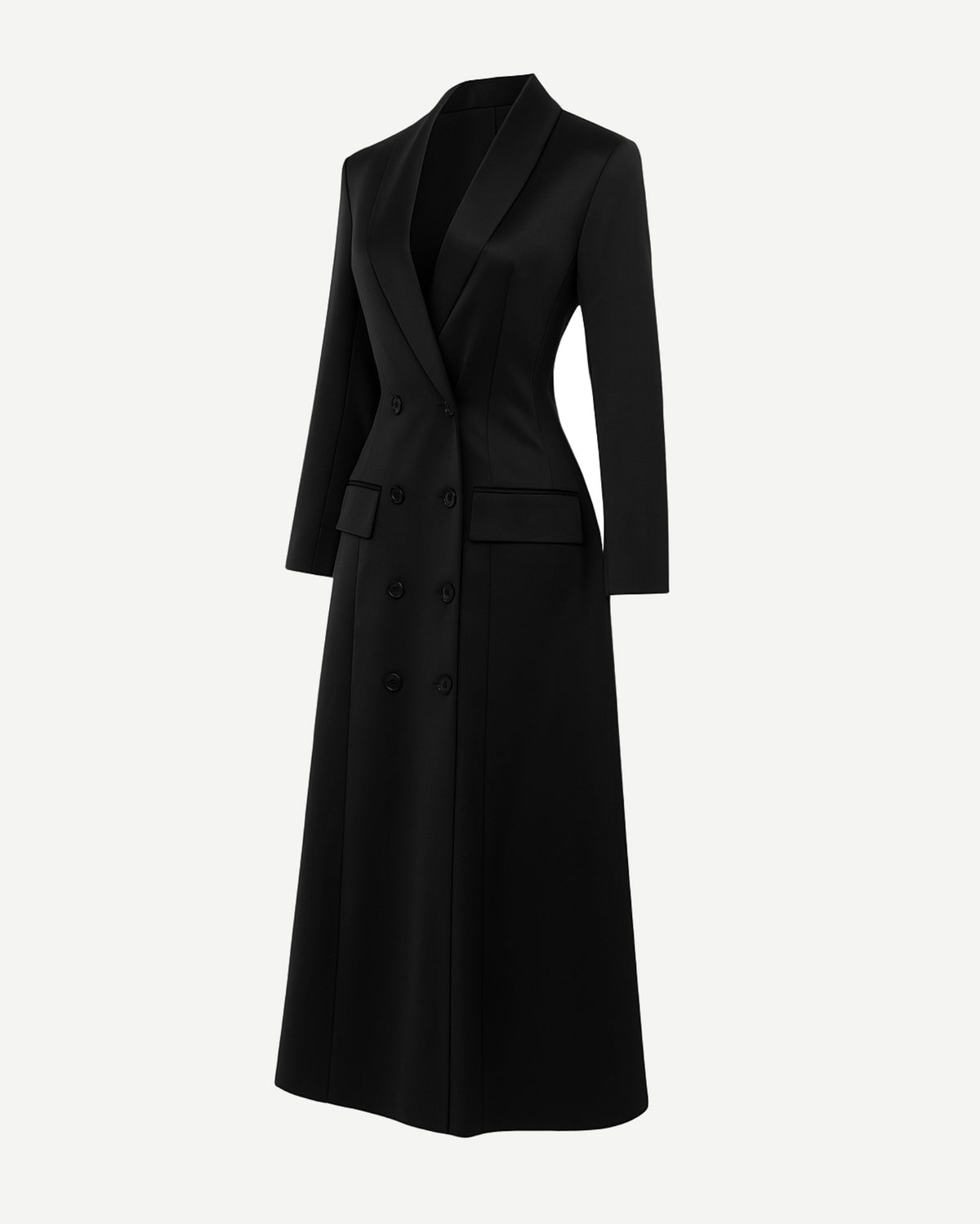 Tailory black satin double-breasted blazer dress side view