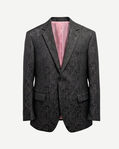 Tailory black crinkled jacquard evening jacket with pink lining front view