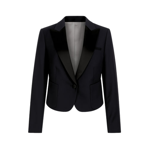 Black Cropped Blazer Formal Tuxedo Jacket Satin Lapels featuring a tailored cropped fit, smooth satin peak lapels, single-button closure, and front flap pockets for refined formalwear.