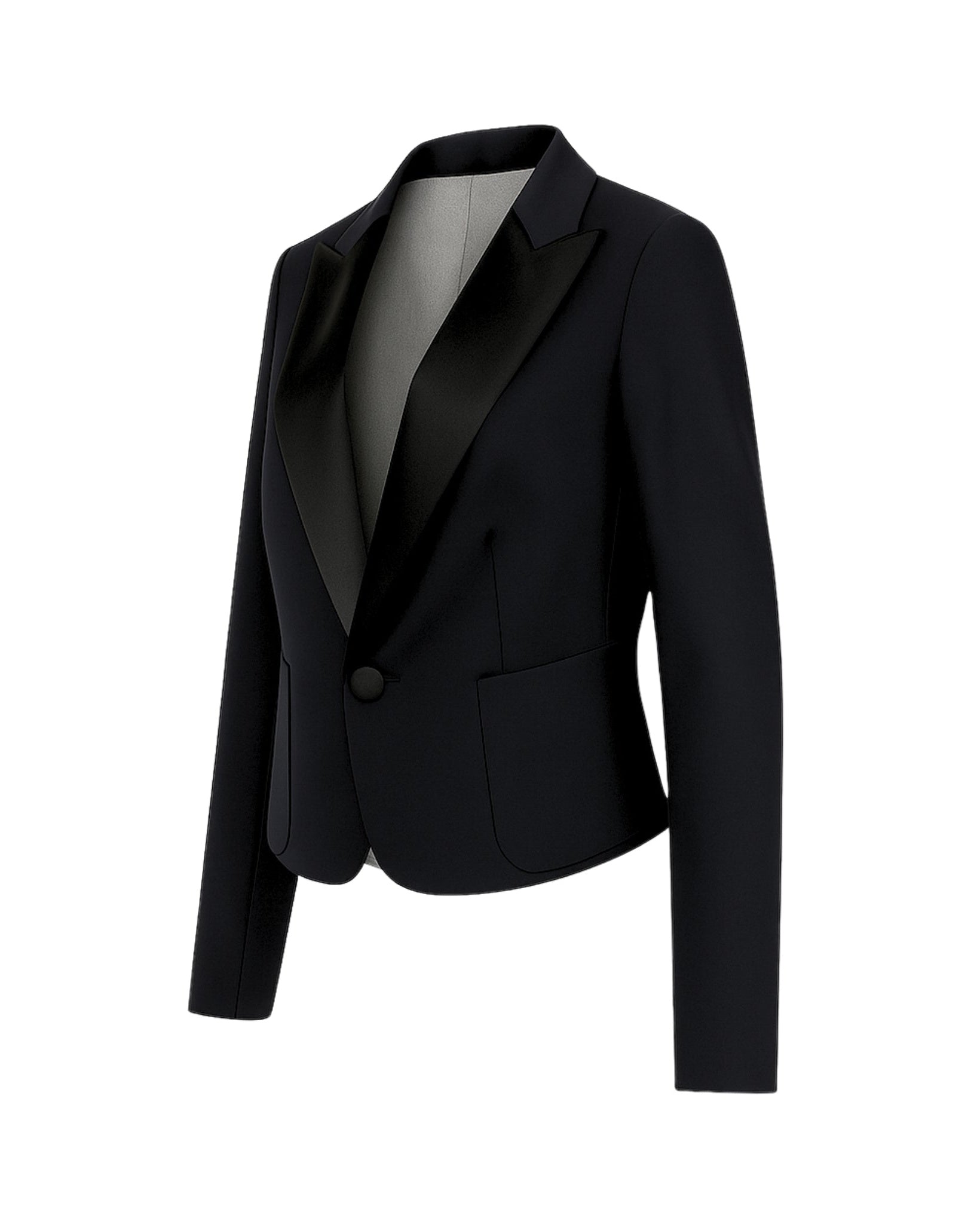 Black Cropped Blazer Formal Tuxedo Jacket Satin Lapels featuring a tailored slim fit, smooth satin peak lapels, single-button closure, and front flap pockets for refined formalwear.