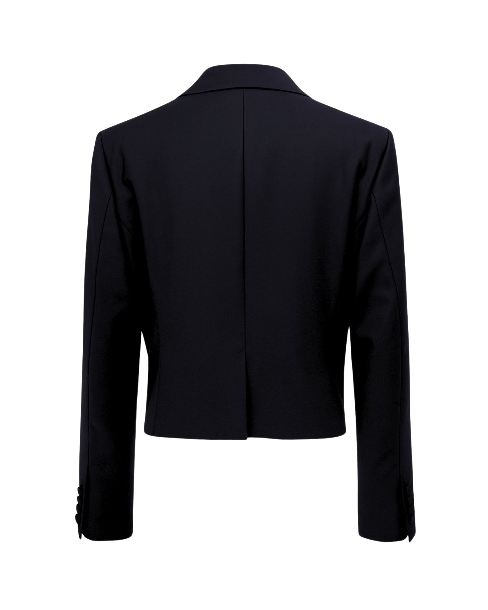 Black Cropped Blazer Formal Tuxedo Jacket Satin Lapels shown from the back, featuring a tailored cropped silhouette with structured shoulders and long sleeves for refined formalwear.