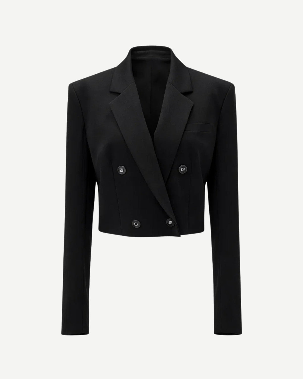 Tailory black cropped double-breasted peak-lapel jacket front view