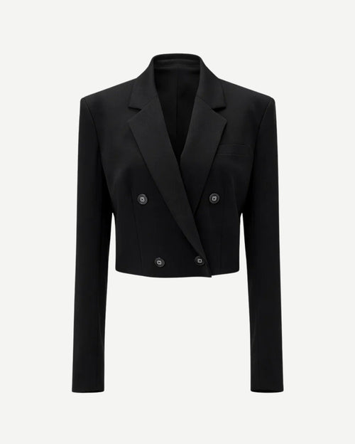 Tailory black cropped double-breasted peak-lapel jacket front view