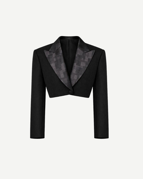 Black Cropped Tuxedo Jacket with Jacquard Lapel featuring a sleek cropped silhouette and textured jacquard pattern on the wide shawl collar for sophisticated formal eveningwear.