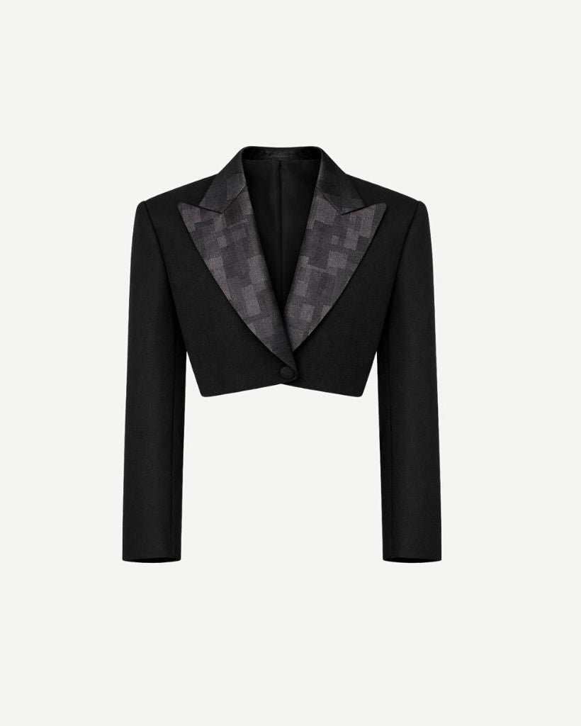 Black Cropped Tuxedo Jacket with Jacquard Lapel featuring a sleek cropped silhouette and textured jacquard pattern on the wide shawl collar for sophisticated formal eveningwear.