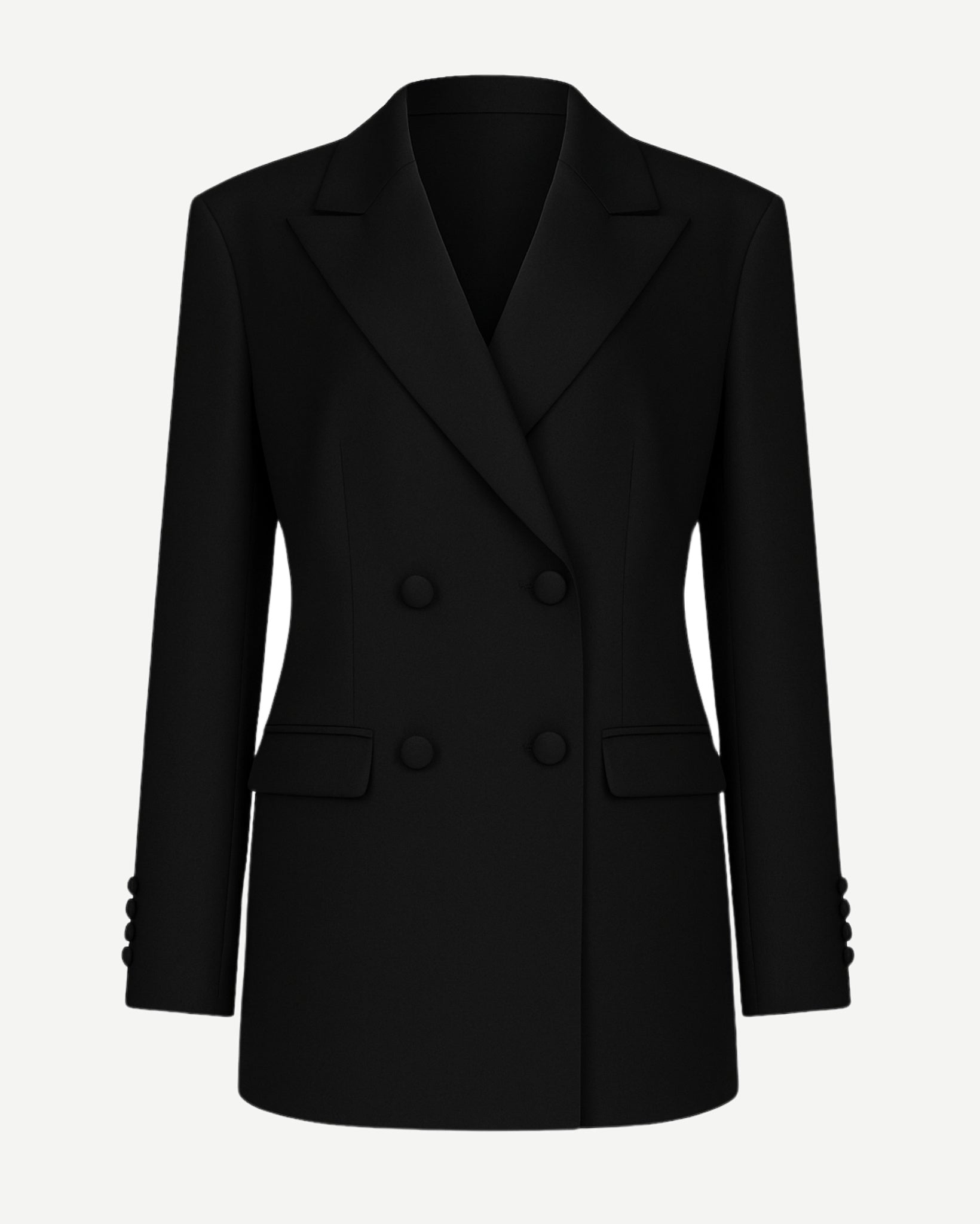 Tailory black double-breasted peak-lapel blazer front view