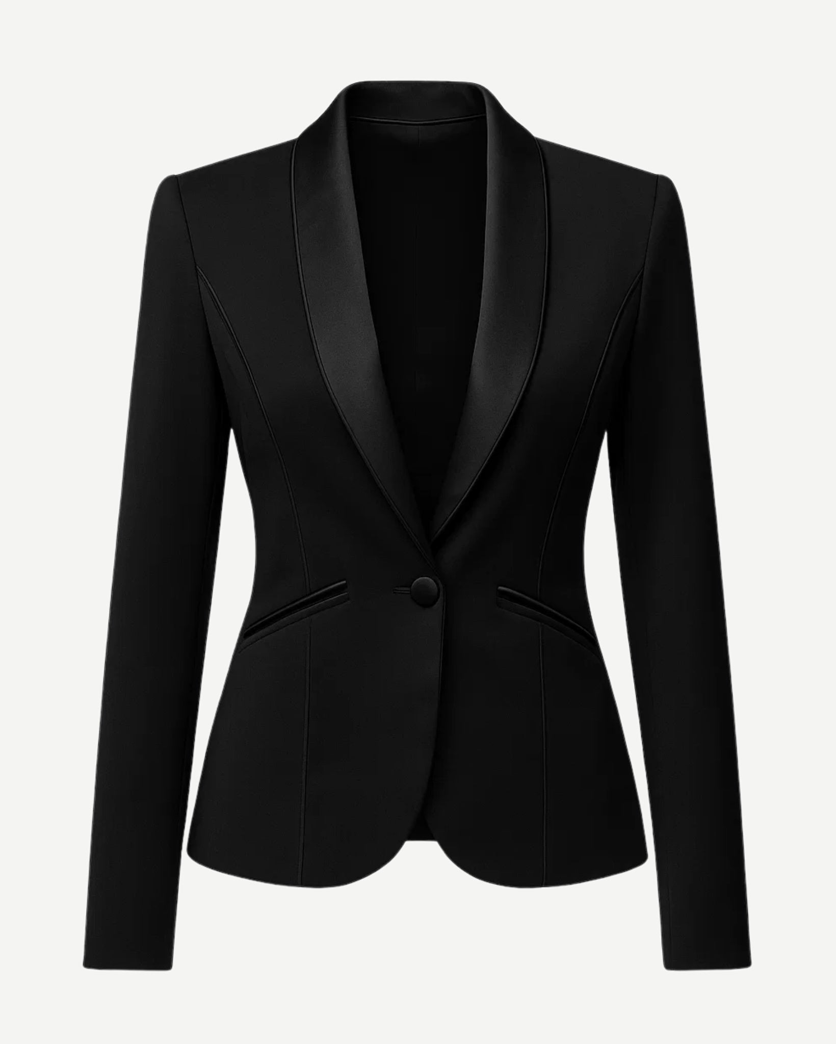 Black Fitted Blazer Shawl Collar Single Button Formal featuring a tailored silhouette, smooth satin shawl collar, single-button closure, and sleek long sleeves for polished formalwear.