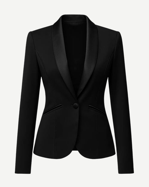 Black Fitted Blazer Shawl Collar Single Button Formal featuring a tailored silhouette, smooth satin shawl collar, single-button closure, and sleek long sleeves for polished formalwear.