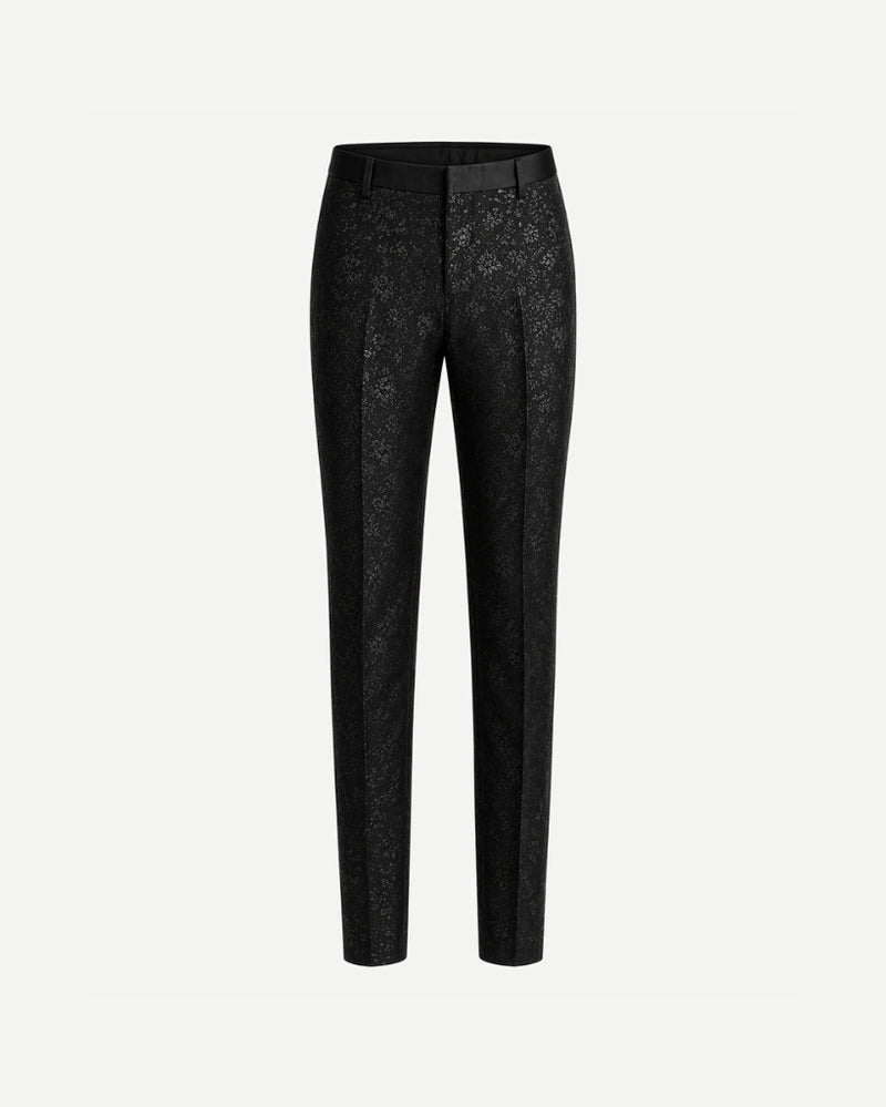 Tailory black floral jacquard trousers front view