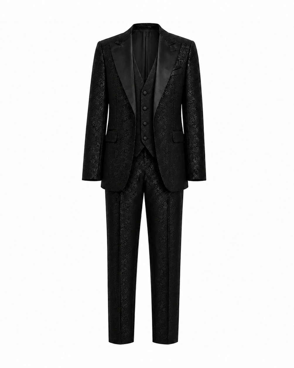 Black Floral Jacquard Three-Piece Tuxedo Suit featuring a tailored jacket with satin lapels, matching waistcoat, and slim-fit trousers crafted from intricately patterned floral jacquard fabric.