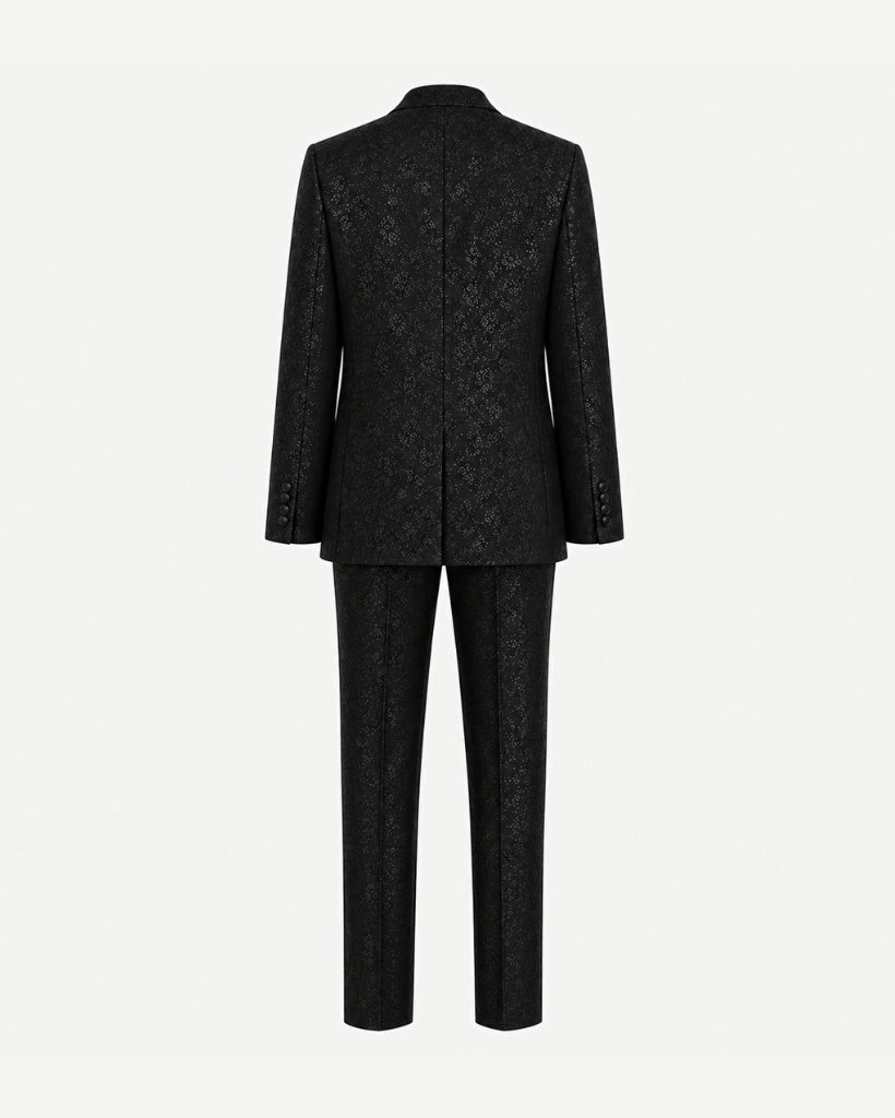 Tailory black floral jacquard three-piece tuxedo suit back view