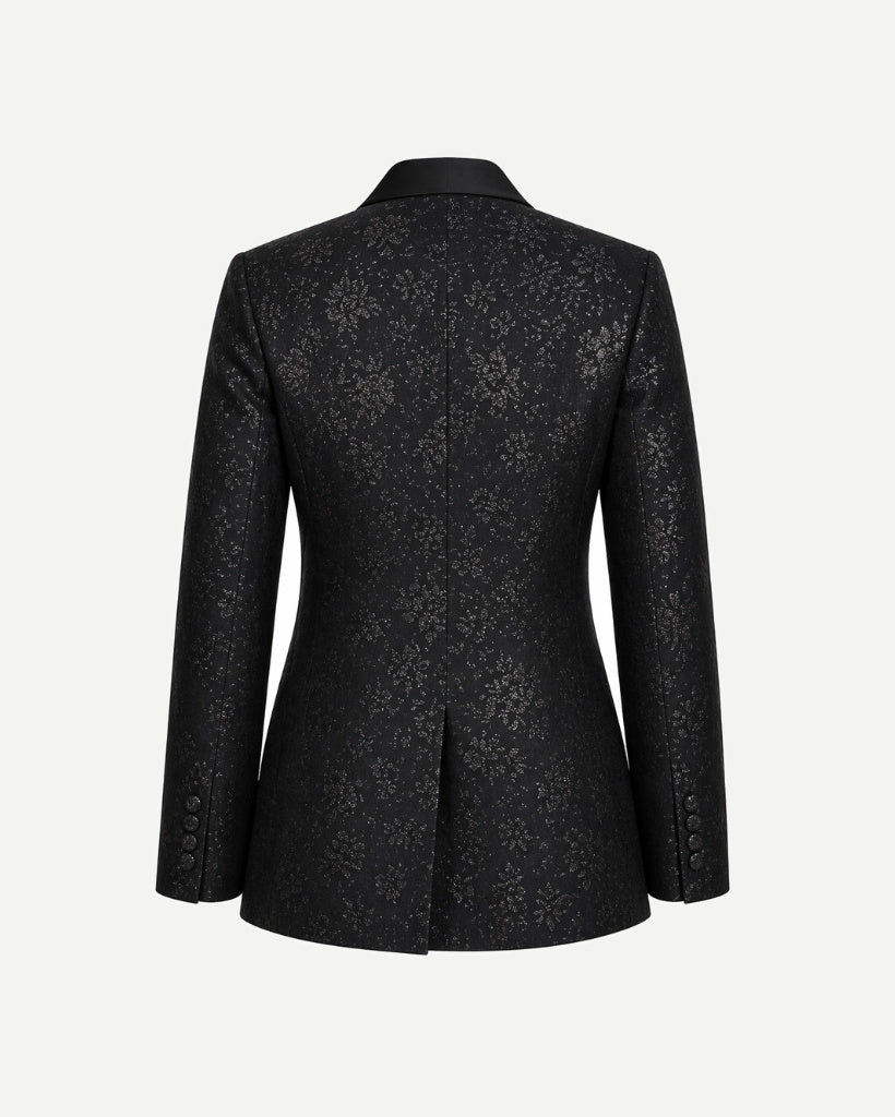 Tailory black floral jacquard tuxedo blazer back view
