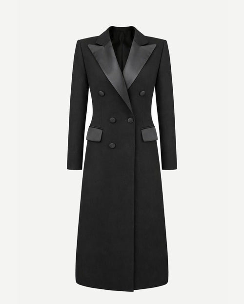 Tailory black gabardine double-breasted tuxedo coat front view