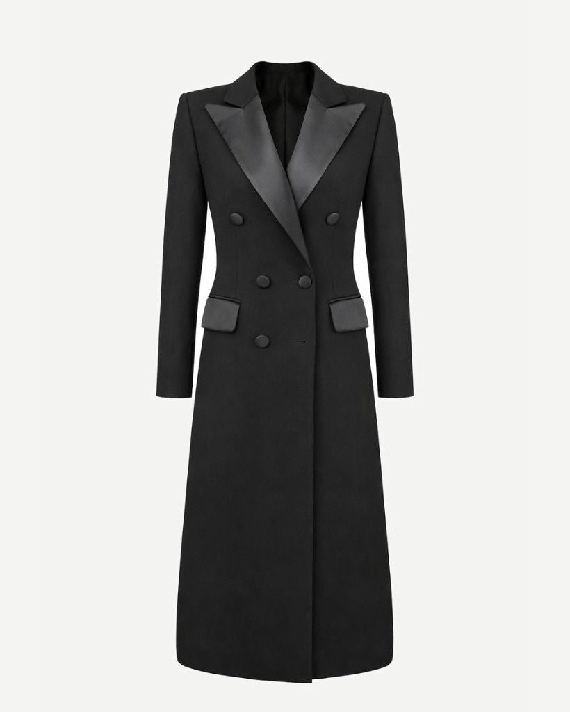 Tailory black gabardine double-breasted tuxedo coat front view